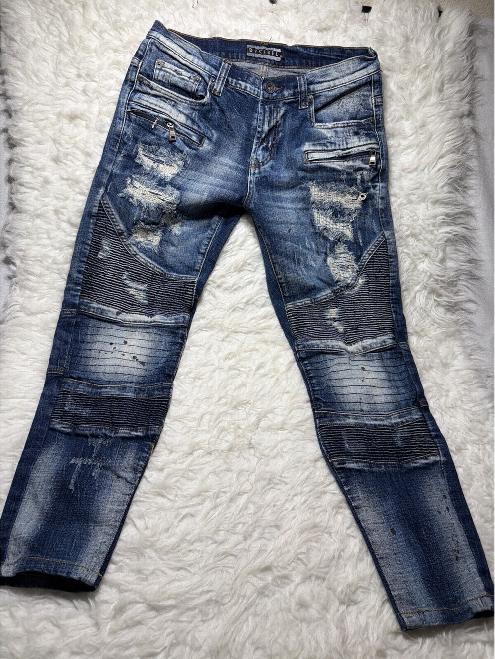 Decibel Blue Acid Wash Skinny Moto Distressed Jeans 32x32